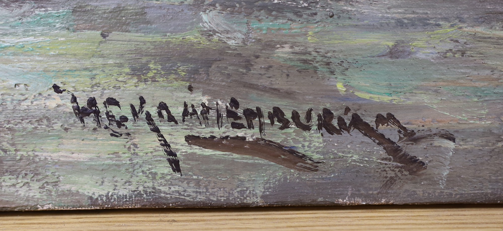 Dutch School, oil on canvas, Bridge in Amsterdam, indistinctly signed, 50 x 70 cm. unframed.